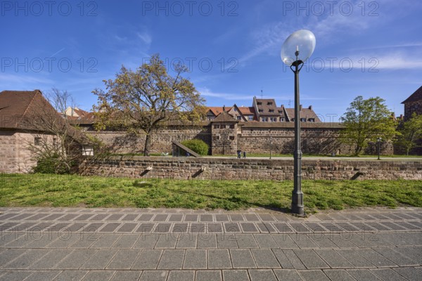 Lantern, pavement, old town, trees, meadow, city fortification, city wall, historic buildings, blue sky, cirrus clouds, cirrostratus clouds, Frauentor wall, Nuremberg, Middle Franconia, independent city, Bavaria, Germany