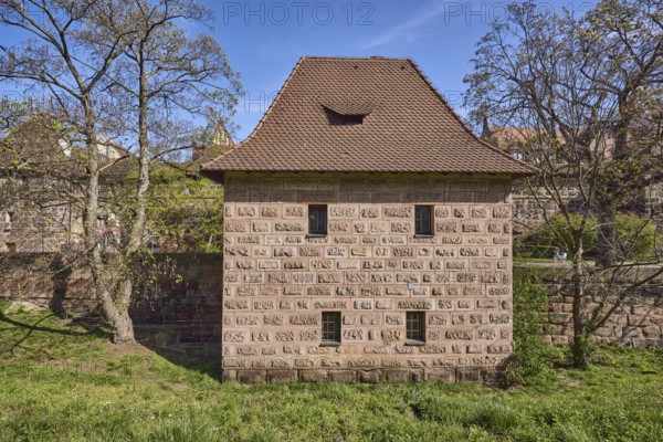 Old town, city fortification, defence defence tower, trees, meadow, blue sky, Frauentor wall, Nuremberg, Middle Franconia, independent city, Bavaria, Germany