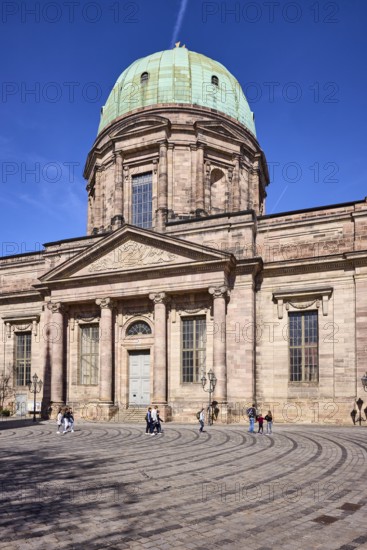 Church of St Elisabeth, architectural style classicism, dome, columns, cobblestone pavement, pedestrians as secondary motif, blue sky, cirrostratus clouds, Jakobsplatz, Nuremberg, Middle Franconia, independent city, Bavaria, Germany