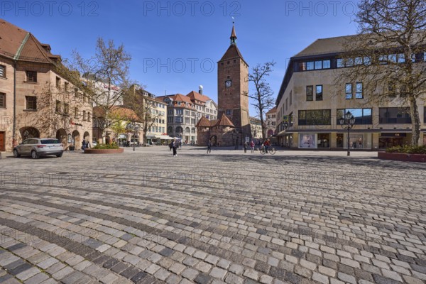 White Tower, square, cobblestone pavement, general architecture, pedestrians as secondary motif, blue sky, cloudless, Jakobplatz, Dr.-Kurt-Schumacher-StraÃŸe, Ludwigsplatz, Nuremberg, Middle Franconia, independent city, Bavaria, Germany