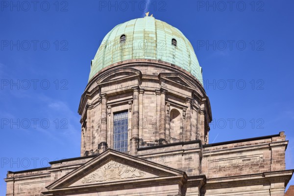 Dome, Church of St Elisabeth, architectural style classicism, blue sky, cirrostratus clouds, Jakobsplatz, Nuremberg, Middle Franconia, independent city, Bavaria, Germany