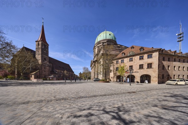 Church of St. Elisabeth, St. Jacob, architectural style classicism, square, churches, bookshop, church tower, dome, trees, shadow, pedestrians as secondary motif, blue sky, cirrostratus clouds, Jakobsplatz, Dr.-Kurt-Schumacher-StraÃŸe, Nuremberg, Middle Franconia, independent city, Bavaria, Germany