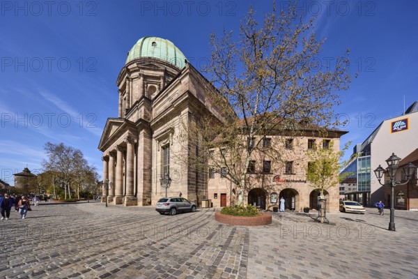 Church of St Elisabeth, dome, architectural style classicism, square, cobblestone pavement, lantern, pedestrian as secondary motif, bookshop, blue sky, cirrostratus clouds, Jakobsplatz, Dr.-Kurt-Schumacher-StraÃŸe, Nuremberg, Middle Franconia, independent city, Bavaria, Germany
