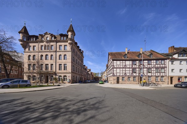 Old town, half-timbered house, historic building, turret, facade, window, general architecture, lantern, super wide angle, blue sky, cirrostratus clouds, intersection Schlotfegergasse with Mostgasse, Nuremberg, Middle Franconia, independent city, Bavaria, Germany