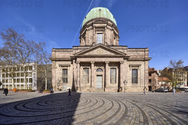 Church of St Elisabeth, architectural style classicism, dome, square, trees, blue sky, cirrostratus clouds, Jakobsplatz, Nuremberg, Middle Franconia, independent city, Bavaria, Germany