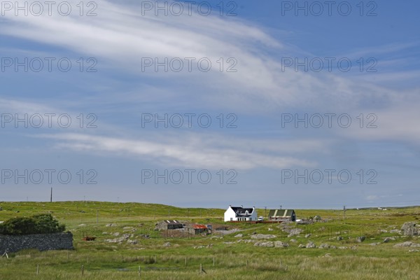 Rural area with a remote farmhouse under a wide blue sky, Outer Hebrides, South Uist, Scotland, United Kingdom