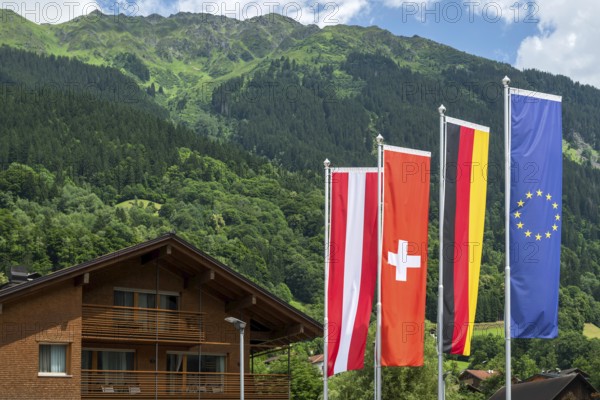 National flags Austria, Switzerland, Germany and Europe, Schruns, Austria