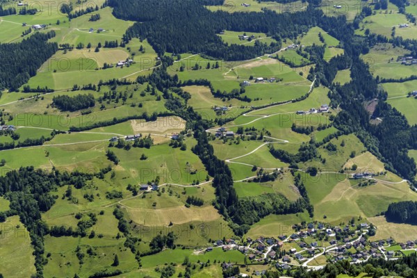 Alpine pasture, farmer, mountain farmer, agriculture, mountain, RÃ¼schersiedlung, Irdining-Donnersbachtal, Liezen, Styria, aerial view, Austria