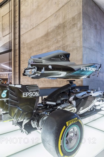 The Mercedes-Benz Museum in Stuttgart presents a journey through the automotive history of the global corporation. Myth 7: Racing cars and Silver Arrows - races and records. The history of the Mercedes star begins with the first automobile in 1886. Stuttgart, Baden-WÃ¼rttemberg, Germany