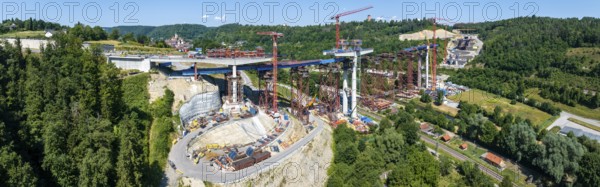 Horb high bridge construction site. Once completed in 2028, the bridge will relieve the town of Horb of through traffic. The 667-metre-long and up to 90-metre-high Neckar Valley Bridge on the B 32 federal road is set to cost around 167 million euros. Horb, Baden-WÃ¼rttemberg, Germany