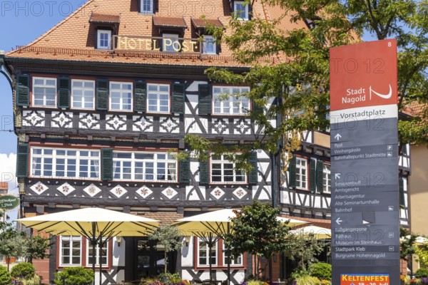 Town view of Nagold in the northern Black Forest. Half-timbered house Hotel Post on the suburban square. Nagold, Baden-WÃ¼rttemberg, Germany