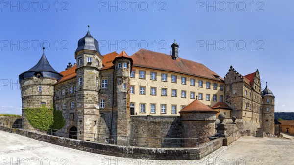 Main building of the fortress, from left. Thick tower, armoury gate building, captain's tower, south wing commander's building, artillery barracks, slate tower, Rosenberg Fortress, Hohenburg, Kronach, Upper Franconia, Franconia, Bavaria, Germany