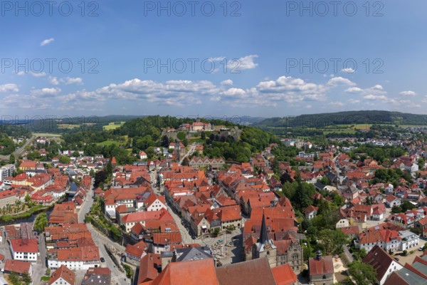Aerial view, view over upper town, old town, behind Rosenberg fortress, Kronach, Upper Franconia, Franconia, Bavaria, Germany