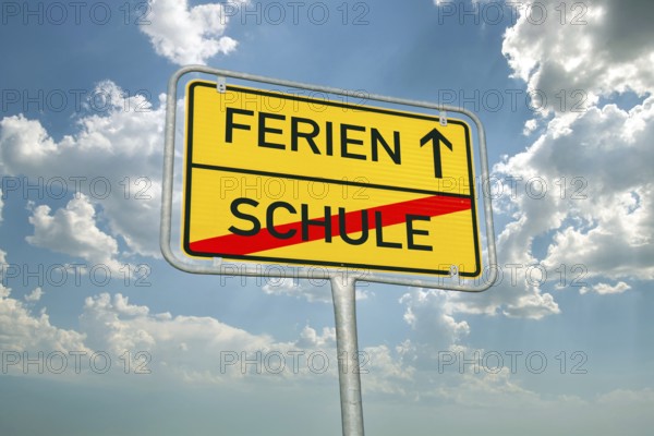 (Photomontage) Symbolic image summer holidays: Town exit sign with text HOLIDAYS and SCHOOL