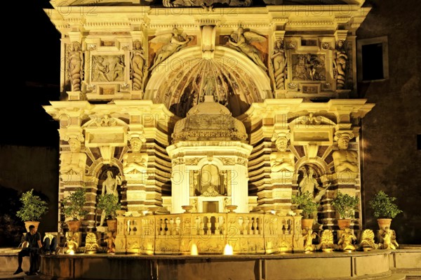 Fountain of the hydraulic organ, Fontana dell'Organo, Renaissance garden of Villa d'Este, water features, fountains, atmospheric illumination at night, UNESCO World Heritage Site, Tivoli, Metropolitan City of Rome, Lazio, Italy