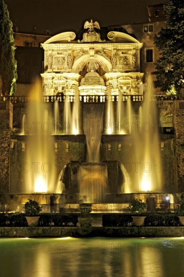 Fish ponds, Neptune Fountain, Fontana di Nettuno, Fountain of the Hydraulic Organ, Fontana dell'Organo, Renaissance garden of Villa d'Este, water features, fountains, atmospheric illumination at night, UNESCO World Heritage Site, Tivoli, metropolitan city of Rome, Lazio, Italy
