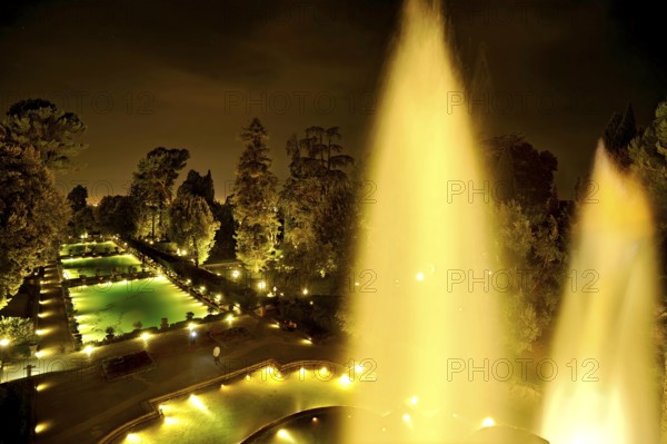Neptune Fountain, Fontana di Nettuno, fish ponds, Renaissance garden of Villa d'Este, water features, fountains, atmospheric illumination at night, UNESCO World Heritage Site, Tivoli, metropolitan city of Rome, Lazio, Italy