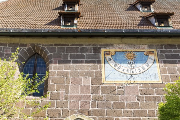 Sundial at the church of St Maria am See, also known as Seekapelle, Bad Windsheim, Bavaria, Germany