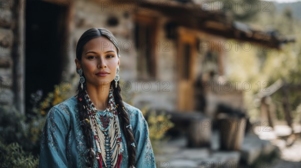 Beautiful and attractive native indigenous north american woman in first nation clothes in authentic nature surrounding, AI generated