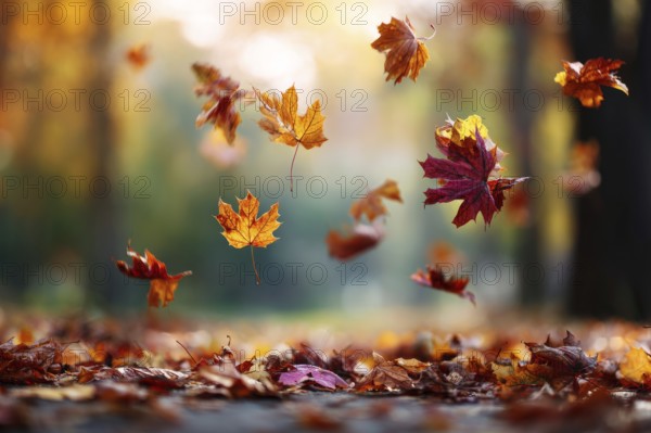 Colorful autumn leaves hanging in the air and falling to the ground. Red and orange autumn foliage, AI generated