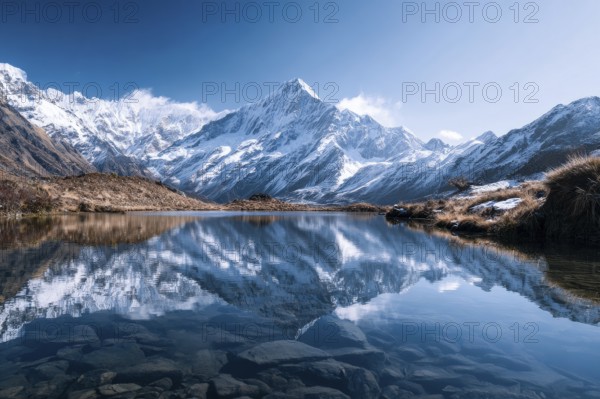 Alpine snow-peaked mountain landscape with trees reflecting in the water of pristine lake, AI generated