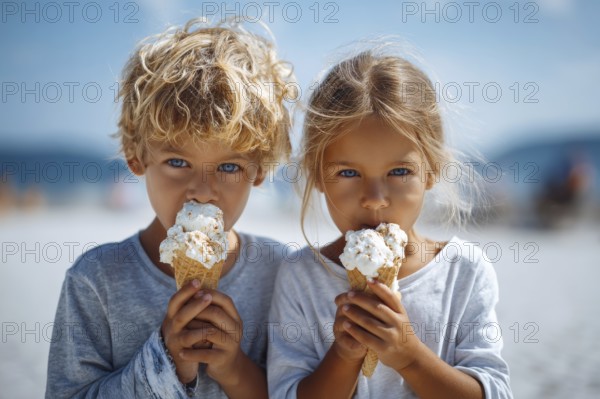 Closeup of a portrait of a children eating ice cream in hot summer day. Happy playful smiling children, AI generated