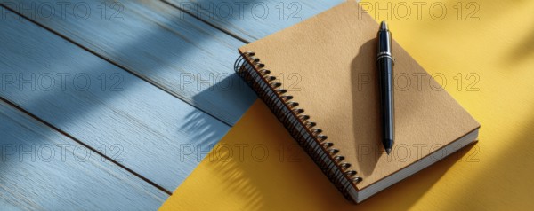 Minimalistic flat lay of office workflow productivity tools that improve efficiency and saving time and resources. Pen and notebook, AI generated