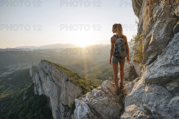 Young attractive lady trekking in the mountains at sunset. Scenic mountain landscape and beautiful scenery, AI generated
