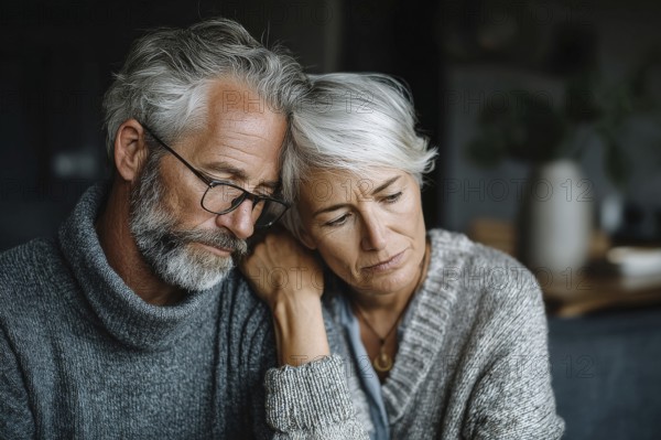 Senior couple grieving. Senior couple with health concerns or trouble in their lives or family, AI generated