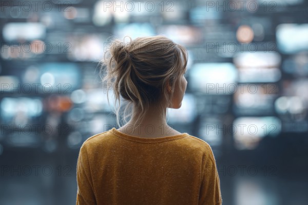 Concept of future entertainment and communication. Attractive young lady looking at wall of TVs, AI generated