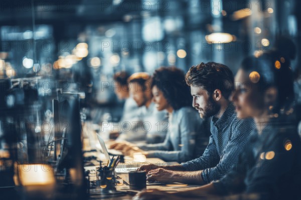 Coders, developers and IT workers work in diverse office environment to develop AI applications, AI generated