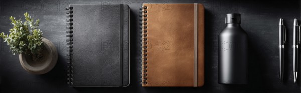 Minimalistic flat lay of office workflow productivity tools that improve efficiency and saving time and resources. Pen and notebook, AI generated