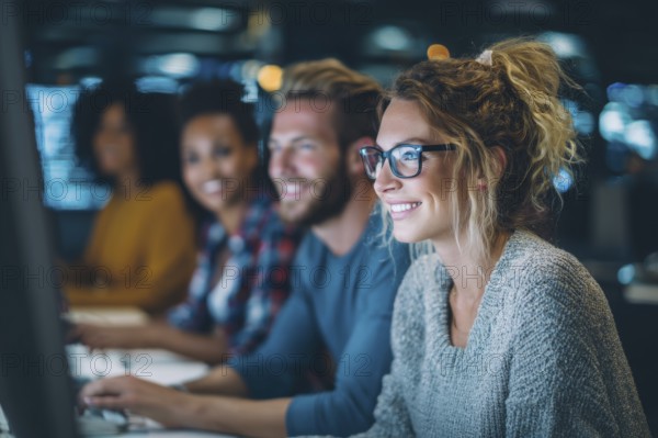 Diverse employees in corporate environment support center analyzing data and helping customers to resolve issues, AI generated