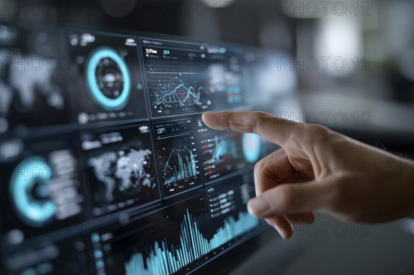 Stock market and economy growth trend fluctuations. Stock broker tracking recession or growth displayed on advanced graph business analytic tool, AI generated