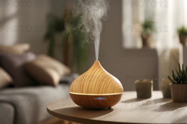 Air purifier and humidifier in a living room. Clean air and healthy environment with clean air. Air quality treatment, AI generated