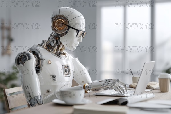 Concept of human and AI Artificial intelligence cooperation and coexisting while increasing productivity in corporate environment, AI generated