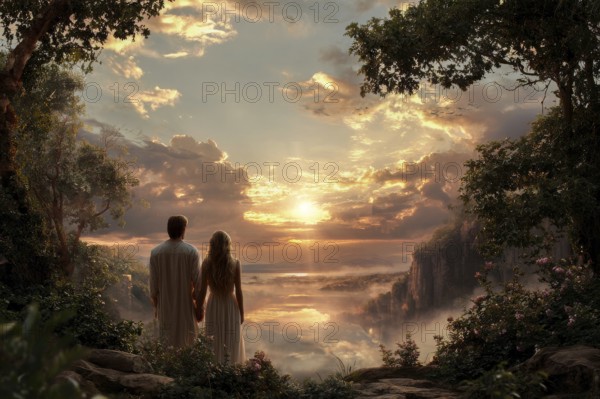 Bible story of Adam and Eve in Paradise Garden of Eden. Legend of Original sin and Temptation. Place of perfection for humans until the expulsion happened, AI generated