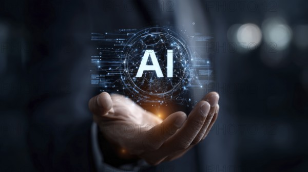 AI power helps transform data processing in cloud services and corporate environment and increase human productivity in corporate workplace office. Concept of General Intelligence and advances in machine learning, AI generated