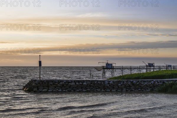 Sunset over Fishing huts over Randonnee entre Histoire et Nature, Fouras, Fouras-les-Bains, Charente-Maritime, Nouvelle-Aquitaine, France