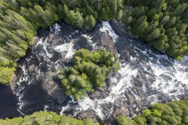 Rapids, White waters flowing through the boreal forest, River du Loup, Mastigouche wildlife reserve, Region of La Mauricie, Province of Quebec, Canada