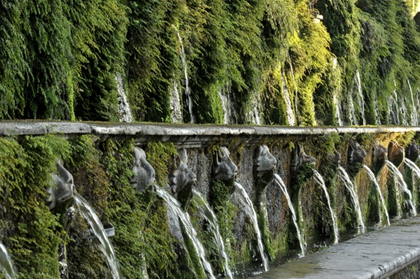 Gargoyles, Avenue of a Hundred Fountains, Viale delle Cento Fontane, Renaissance garden of the Villa d'Este, water features, fountains, UNESCO World Heritage Site, Tivoli, Metropolitan City of Rome, Lazio, Italy