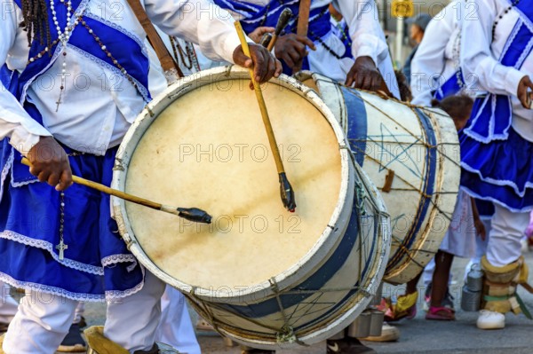 Typical Congado festival in a quilombo in the state of Minas Gerais with musicians and their drums, Minas Gerais, Brazil