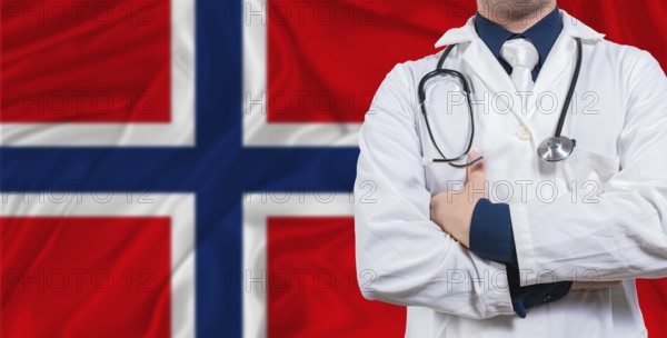 Male doctor with stethoscope on Norway flag. Doctor holding stethoscope on Norway flag