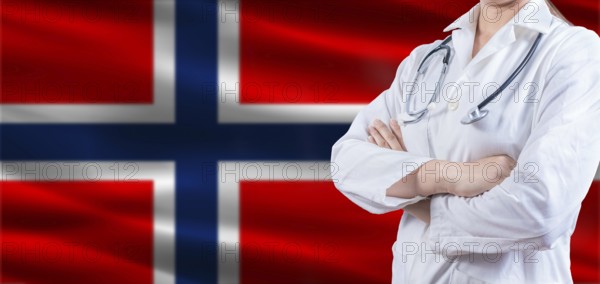Doctor with crossed arms on Norway flag. Norway health and care concept. Female doctor on Norway flag