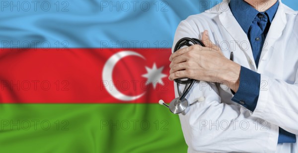 Doctor with stethoscope on Azerbaijan flag. Doctor holding stethoscope on Azerbaijan flag