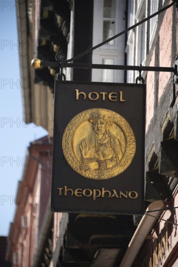 Historic hanging sign Hotel Theophano, Quedlinburg, Saxony-Anhalt, Germany