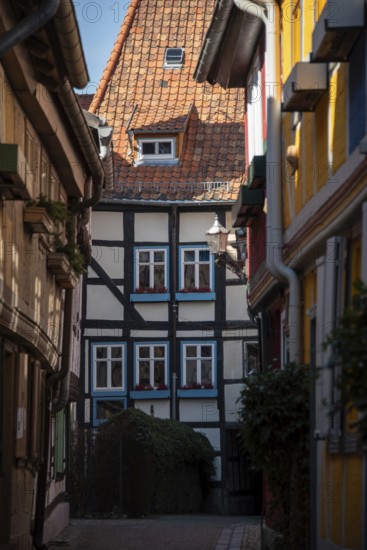 View through the alley to hell, Quedlinburg, Saxony-Anhalt, Germany