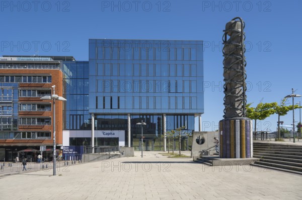 Modern office building Capita at Germaniahafen, museum harbour, Adam and Eve, sculpture by Björn Norgaard, Kiel, Kiel Fjord, Baltic Sea, Schleswig-Holstein, Germany
