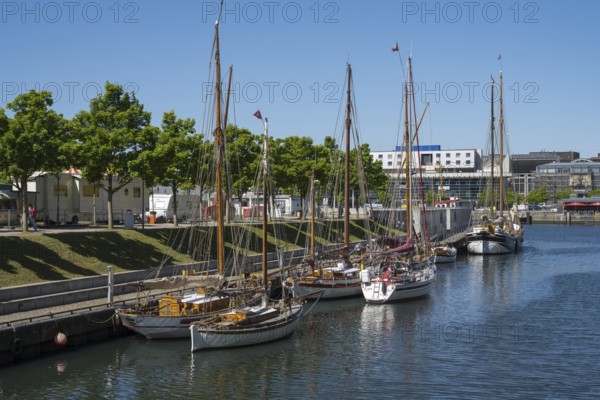 Sailing boats in Germaniahafen, museum harbour, Kiel, Kiel Fjord, Baltic Sea, Schleswig-Holstein, Germany