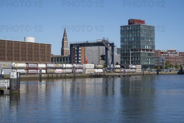 Modern commercial building at Schwedenkai, town hall tower, harbour, Kiel, Kiel Fjord, Baltic Sea, Schleswig-Holstein, Germany